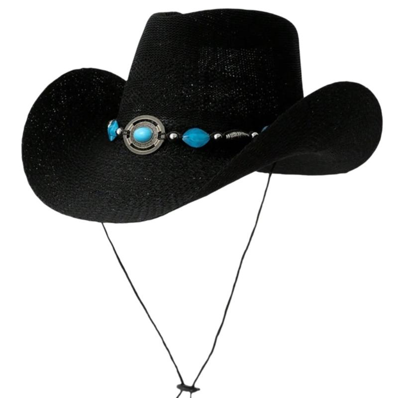 

Ethnic Gemstones Belt Straw Hat for Women Men Vintage Hat Western Sunproof Hat Beach Vacation Handmade Straw Hat чорний