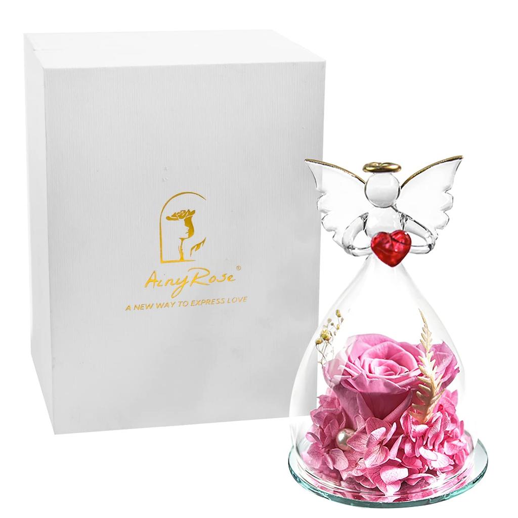 Birthday Angel Memorial Eternal Flower Immortal Rose Mother's Day Valentine's Day Gift Glass Dome Gift (Pink)