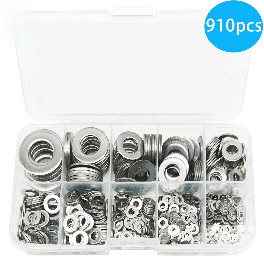 304 Stainless Steel Flat Washers 910Pcs Assorted Sizes M2 To FOR M12 Hardware Repair Gasket Tool Accessories