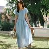 Olrain Blue French Style Waist-Slimming Dress for Women Summer Puff Sleeve Long Dress
