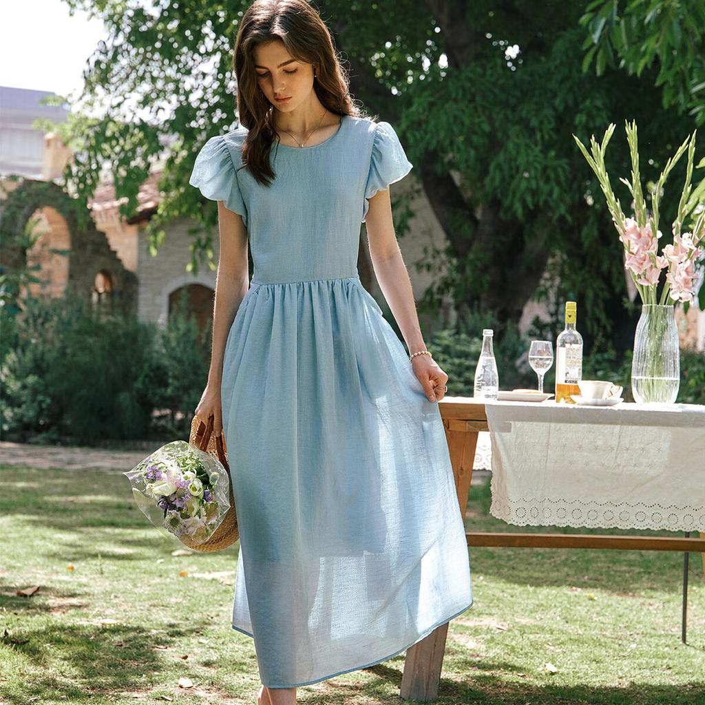 Olrain Blue French Style Waist-Slimming Dress for Women Summer Puff Sleeve Long Dress