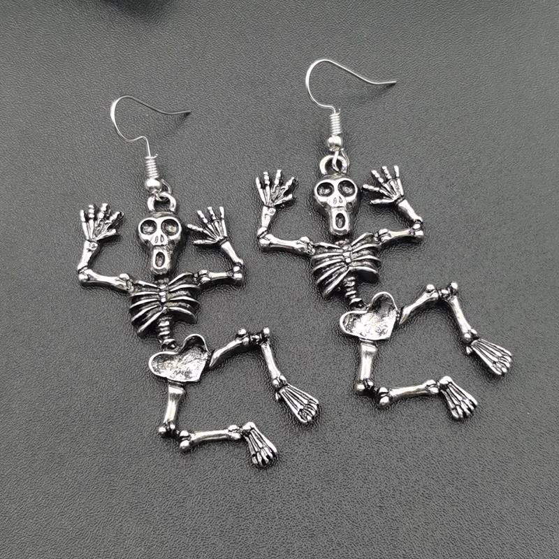 Vintage Goth Skull Dangle Earrings for Women Vintage Silver Color Funny Skeleton Drop Earing Retro Gothic Halloween Jewelry
