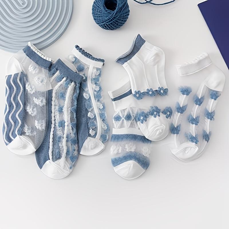 5/10Pairs Women Summer Mesh Ankle Socks Thin Breathable Glass Silk Low Cut Socks Sheer Flower Pattern Soft Intimates Hosiery