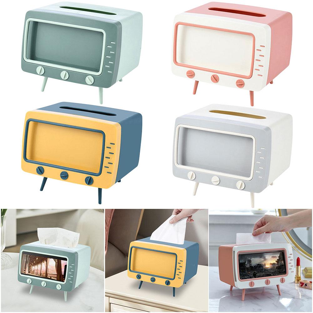 TV Shape Tissue Box with Mobile Phone Stand Kawaii Tissue Box Dispenser Creative Multifunctional for Living Room Night Stand