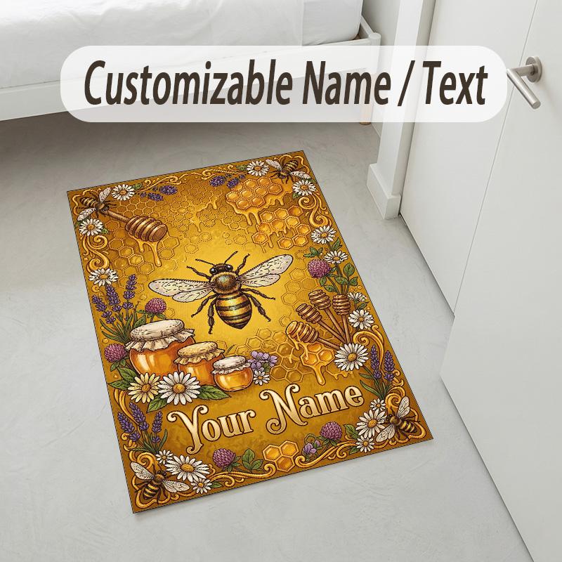 Honey Bee Honeycomb Theme Soft Crystal Velvet Rug Custom Name & Text Print Non Slip Floor Rug for Bedroom Living Room