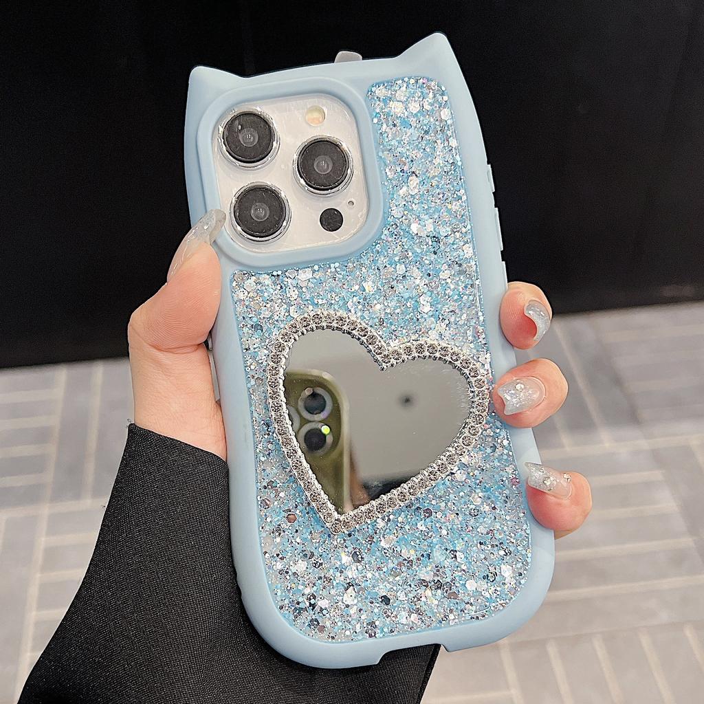 Cute Cat Ear Phone Case for Apple 16 Pro Max 15 iPhone 14 Soft 13 Diamond Edge Heart Mirror High Gloss TPU Compatible Plus Model