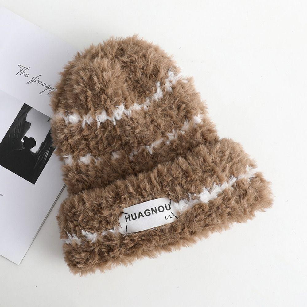 Warm Plush Pullover Hat Plush Winter Cap Fashion Stripe Hat  Safety Helmet