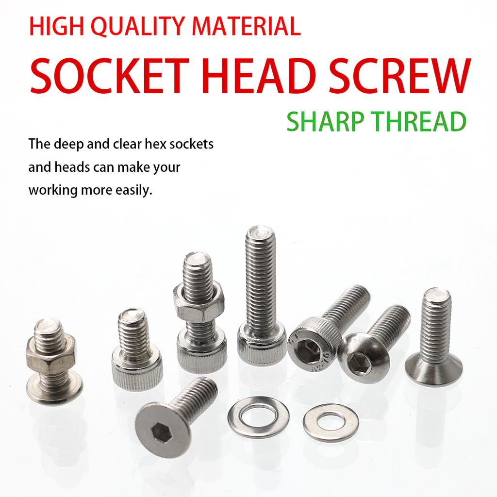880pcs-stainless steel round cup hex bolt, nut, and washer set - M2-M5 sizes, includes hex wrench, suitable for DIY and repair.