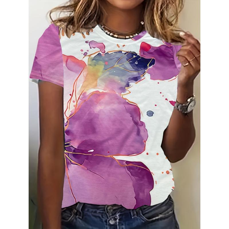 Pastel Watercolor Floral Women s Tee - Vibrant Purple Bloom & Splatter Graphic, Artistic Botanical Print for Casual Daily Wear XL