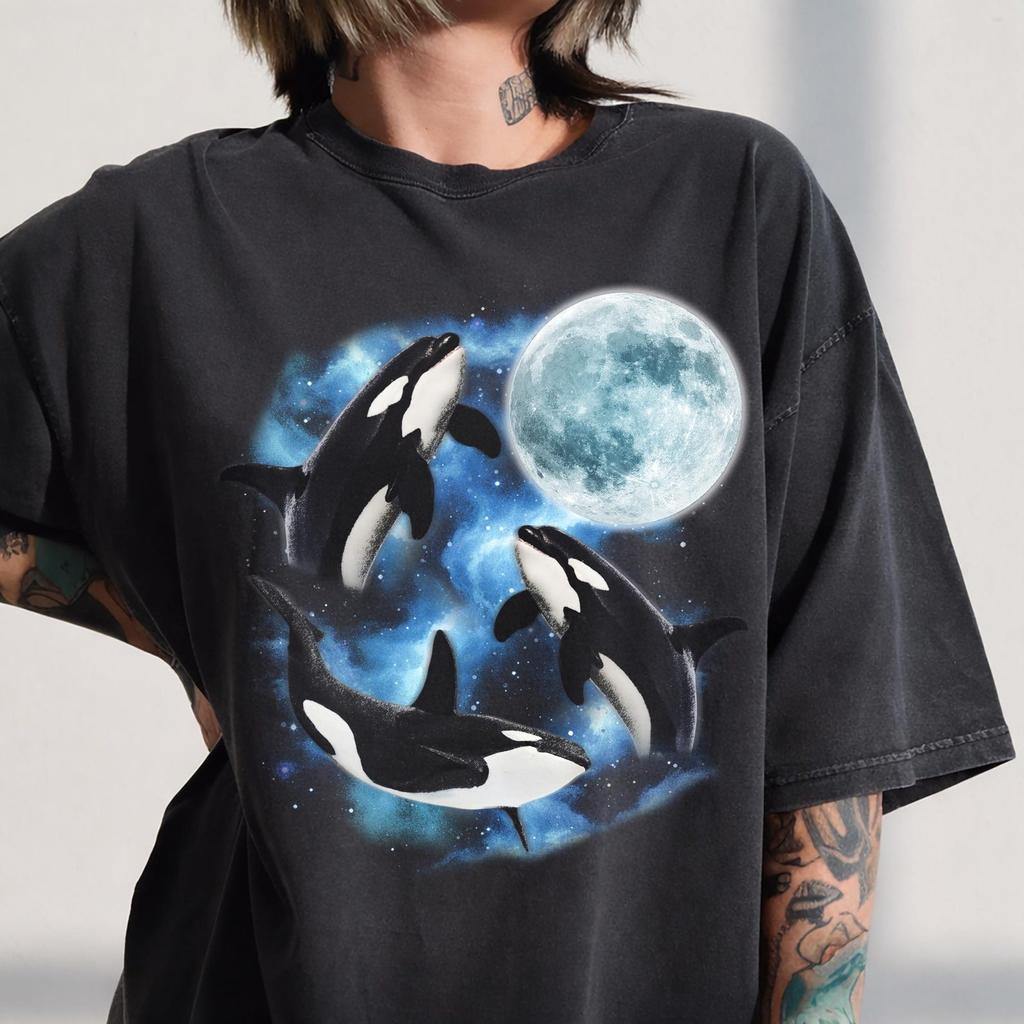Three Orca Whale Howling To The Moon Shirt, Retro Moon Galaxy Ocean Tee, Killer Whale Cosmic Top, 90s Ocean Wildlife Lightning Tee