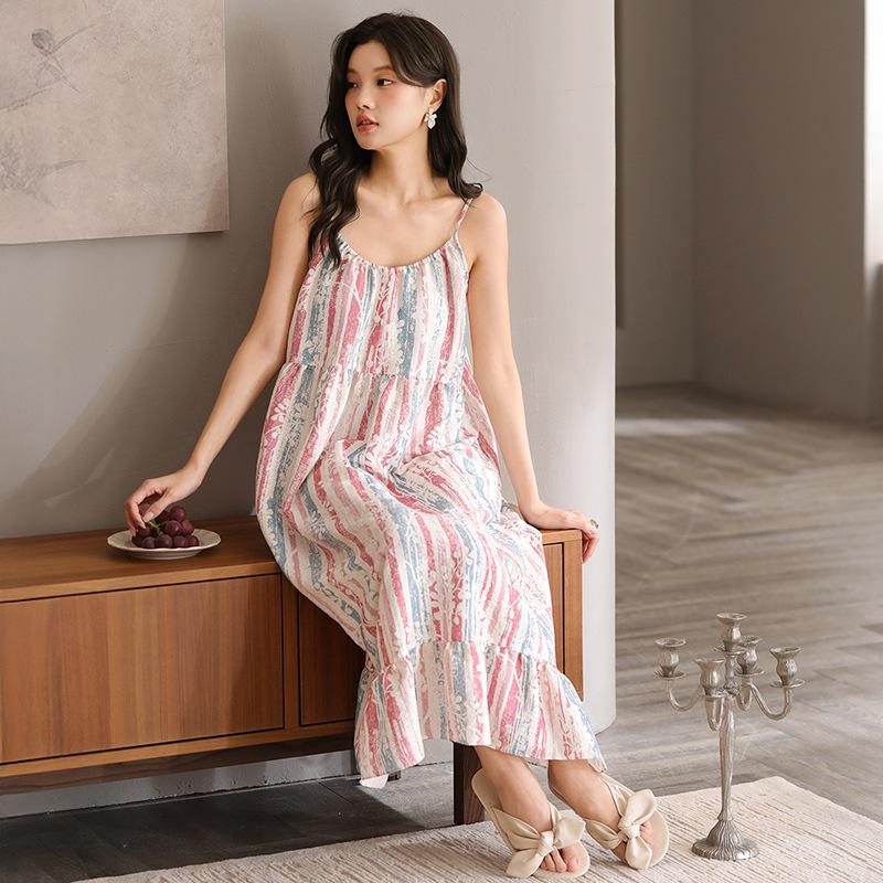 Cloud Cotton Suspender Nightdress Women's Summer Pajamas Summer Cardigan Long Style Can Be Worn Outside Seaside Vacation Sweet Skirt