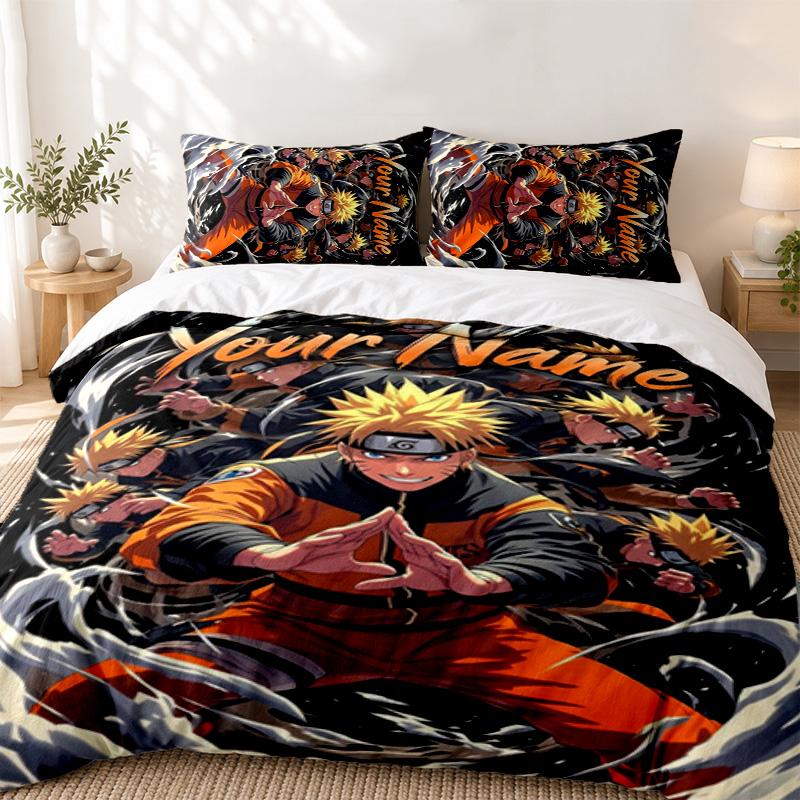 Naruto Custom Name 3pc Set Perfect for Bedroom Use Comfortable Bedding Set Includes a Duvet Cover and Two Pillowcases Ideal Birthday or Christmas Gift