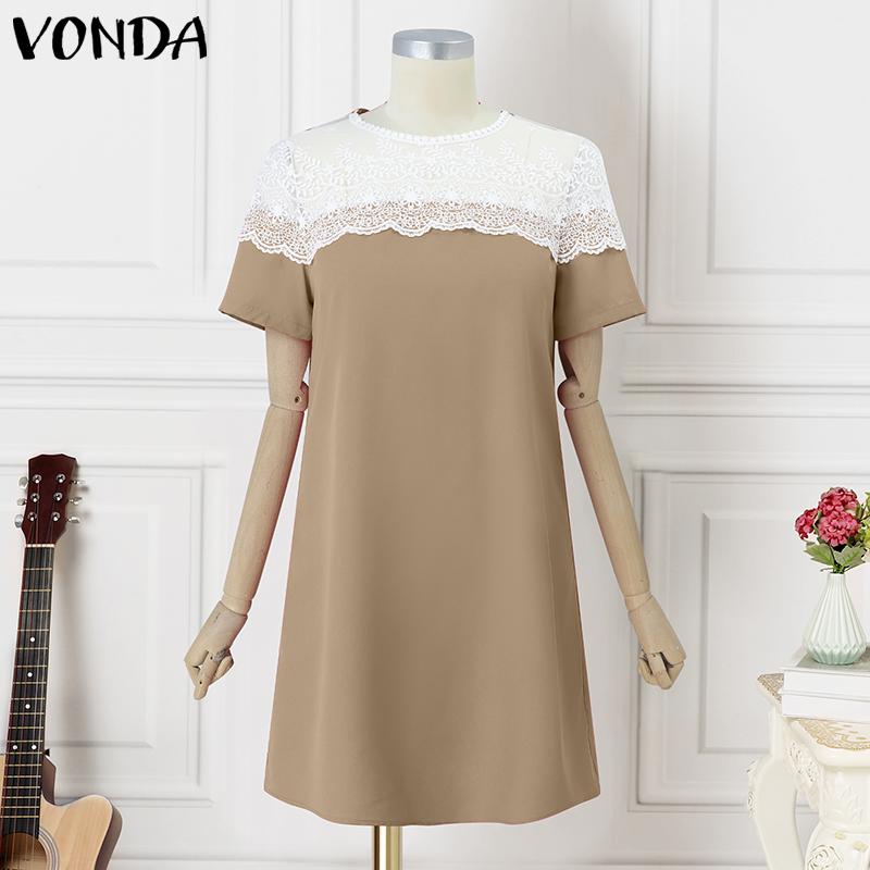 VONDA Summer Women Round Neck Long Sleeve Lace Patchwork Straight Mini Dress