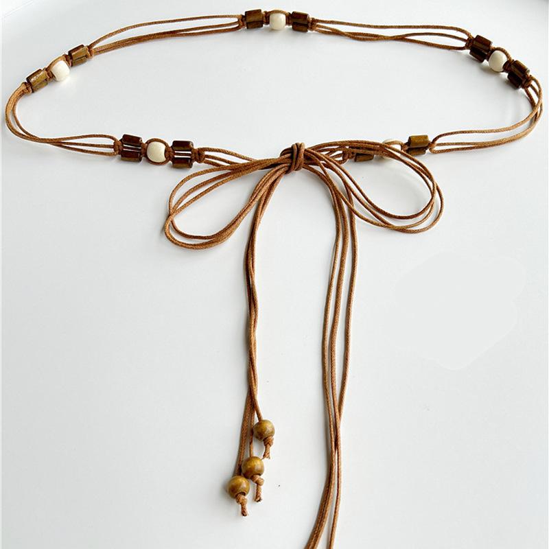 Wax Rope Hand-woven Wooden Bead Bow Waist Chain Retro Ethnic Style Temperament Belt Versatile Light Luxury Niche Jewelry
