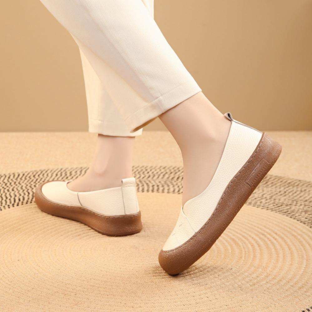 New Top‑Layer Cowhide Mom Slip‑on Shoes, Retro Shallow Mouth Flat Loafers, Anti‑Slip Wear‑Resistant Soft‑Sole Comfort Women Shoes SA‑7022