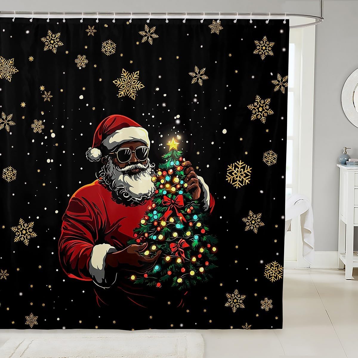Christmas Cat Shower Curtain Cute Pet Cat Animal Bathroom Shower Curtain Sets, Xmas Decor Christmas Hat Fabric Shower Curtain 90x180CM