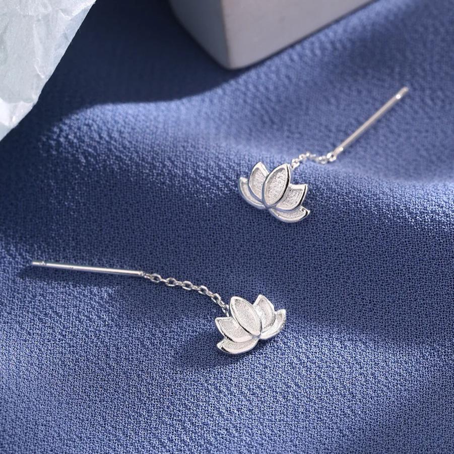 Real 925 Silver Long Cute Lotus Tassels Drop Earrings for Women Plant Fine Jewelry Allergy Minimalist Accessories