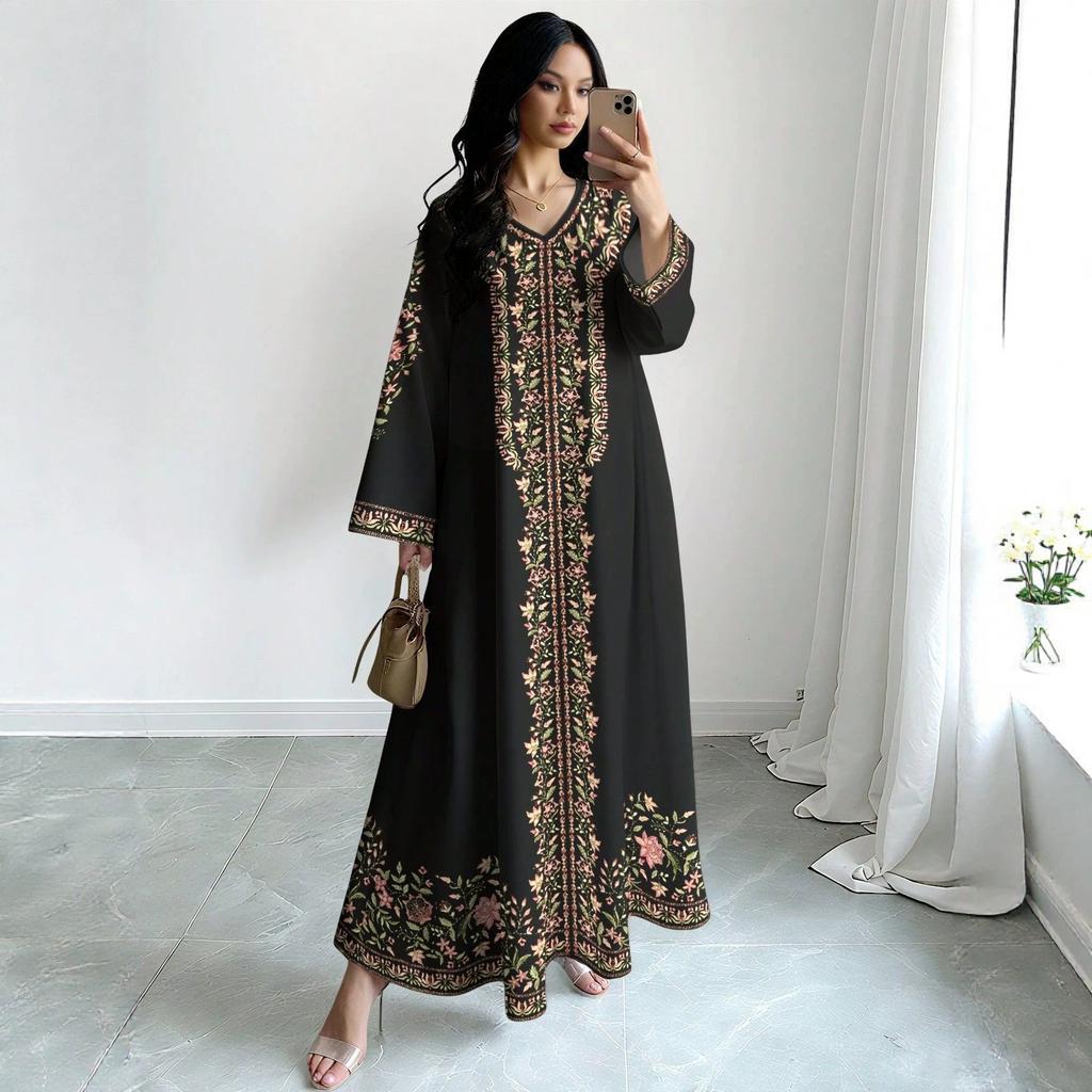 Spring and Autumn Ladies Plant Floral Print Fashion Casual Loose Flared V-Neck Long Dress