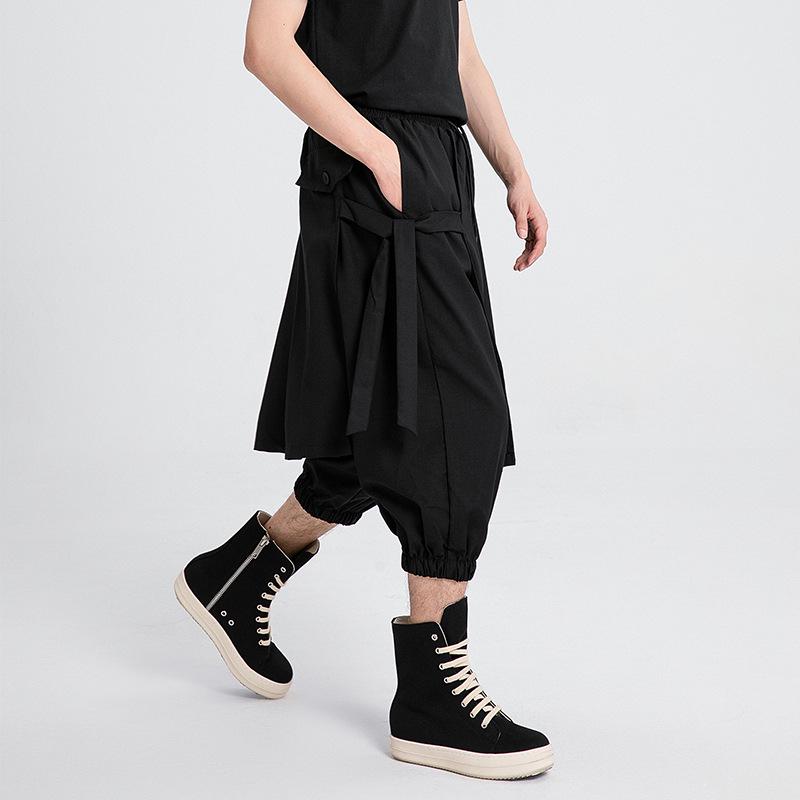 X072 Japanese-Style Wide-Leg Joggers: Fake Two-Piece, Cropped Dark Fashion Pants