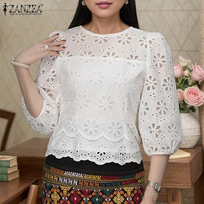 Γυναικεία Καλοκαιρινή Casual Μπλούζα με 3/4 Μανίκι, Δαντελωτή Επένδυση, Κέντημα Κροσέ