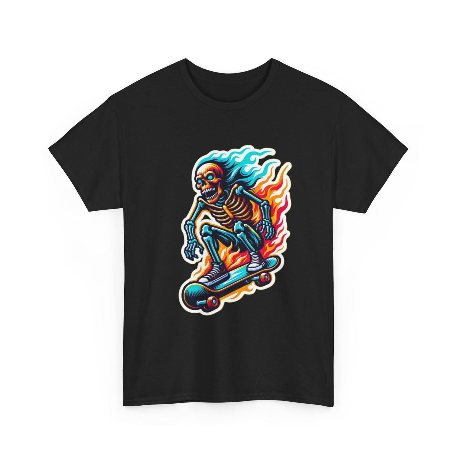 Flaming Skateboard Skeleton Tee Skateboard Graphic T-Shirt S