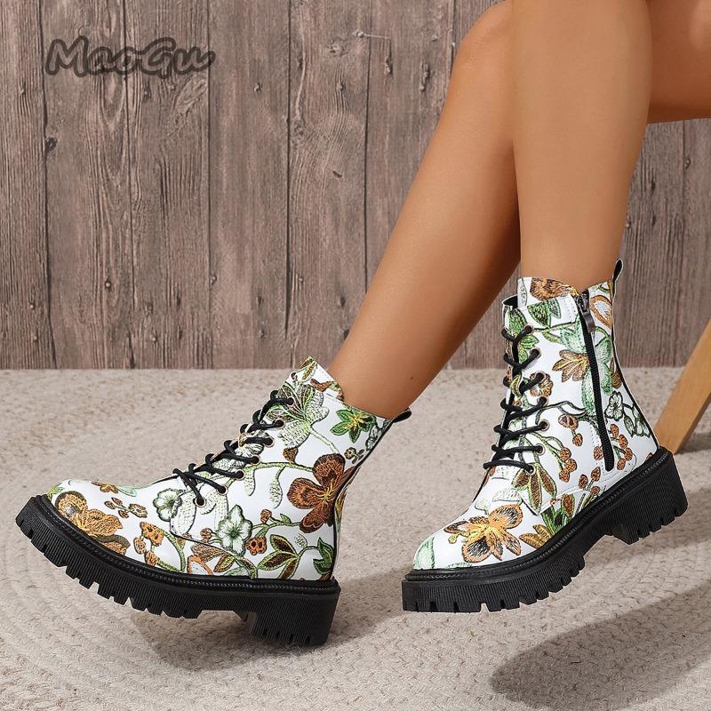 Fashion New Fashion Women's Boots Side Zipper Thick Bottom British Style Botas Mujer Trend Versatile Short Boots Floral Printed Botines