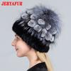 JERYAFUR High Quality Mink Fur Hat for Women Natural Mink Fur Hats with Luxury Big Pompom Fox Fur Ball Beanies Winter Women's Cap LadyHat