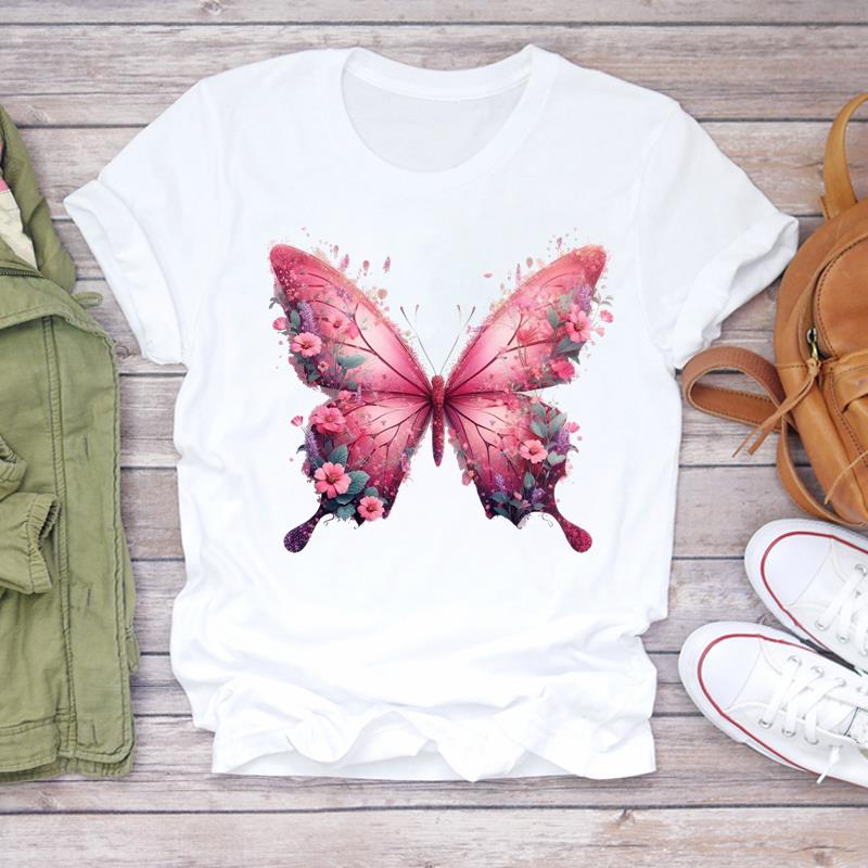 

(Азиатский размер) Принт Женская футболка милая акварельная бабочка тренд Мода Женская одежда Повседневный топ Футболка с коротким рукавом Женские графические футболки S