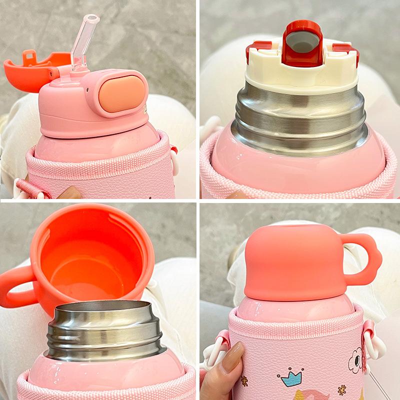 500ML Kids Thermos Bottle Stainless Steel Straw Cup With Case Cartoon Leak-Proof Vacuum Flasks Children Thermal Water Bottle