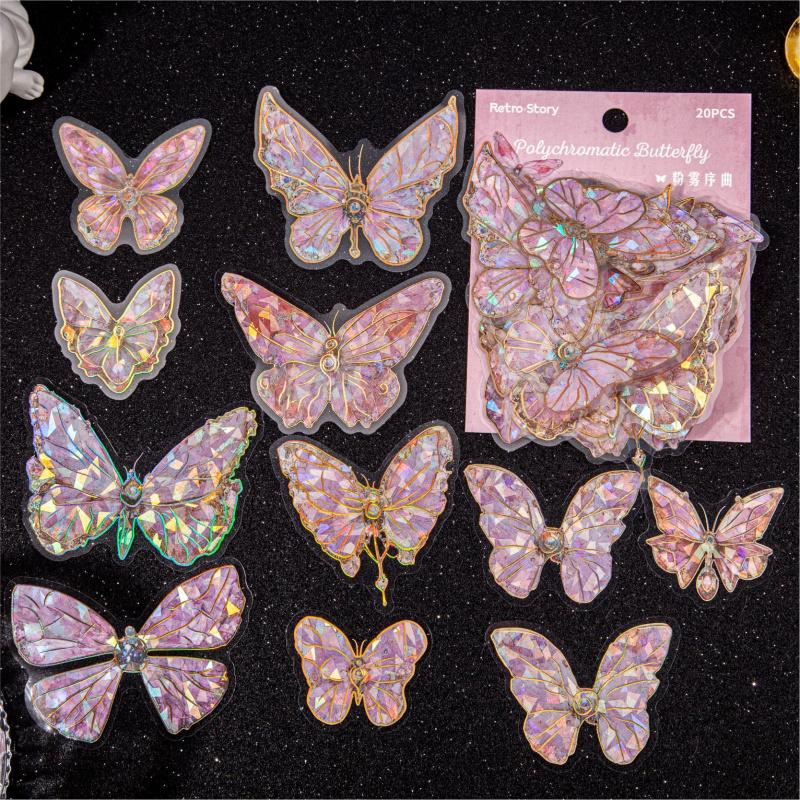 20-Piece Retro Glitter Butterfly Sticker Pack, Sparkly Decor for Journal & Scrapbook