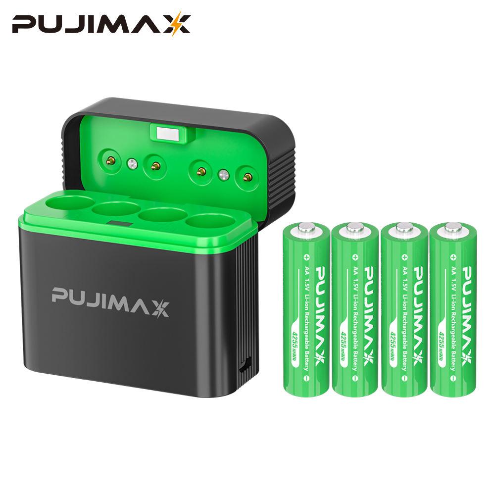 PUJIMAX AA 1.5V Li-ion Battery Charger with 4x 4255mWh Batteries, Type-C Smart Fast Charging