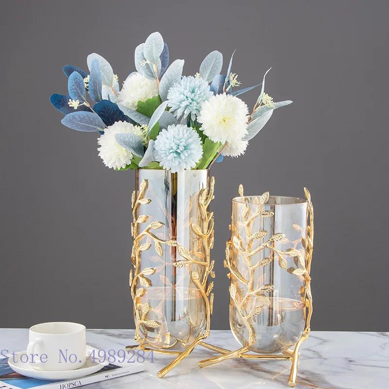 Glass Metal Vase Hollow Gold Metal Frame Branches Rattan Transparent Flower Vase Flower Arrangement Hydroponics Home Decoration