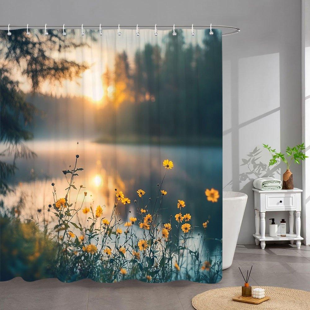 

1pc Extra Long Lakeside Sunset Shower Curtain - Bathroom Decor with Golden Reflection, Yellow Wildflowers, Evergreen Forest Mist 90x180cm