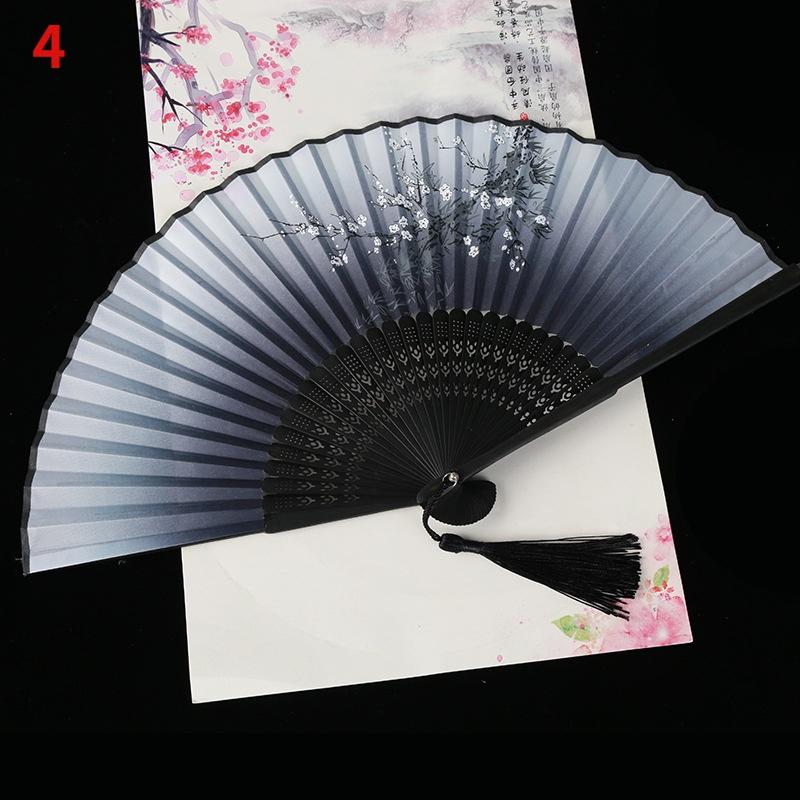 1Pc Vintage Silk Folding Fan Retro Chinese Japanese Bamboo Folding Fan Tassel Dance Hand Fan Home Decoration Ornament Craft Gift
