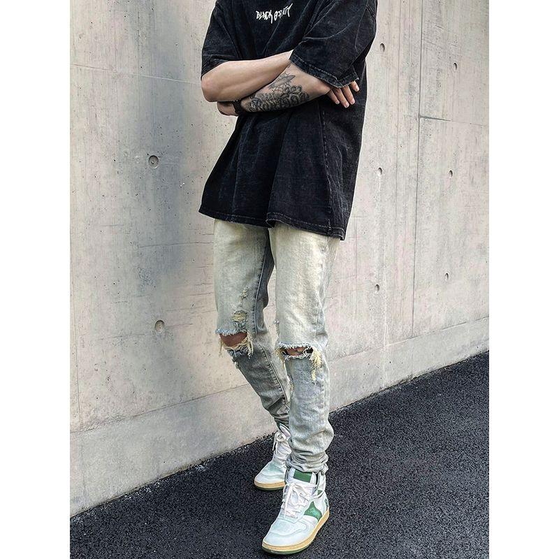 Exit High Street Washed Distressed Ripped Whiskered Slim Fit Skinny Jeans Hip-Hop National Trend Retro Slimming Long Pants for Men