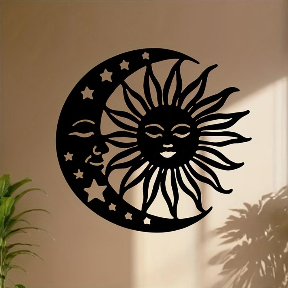 1pc Sun Moon Metal Wall Art, Celestial Silhouette Sculpture Striped Design Black White Stars, Modern Home Wedding Indoor Wall Decor