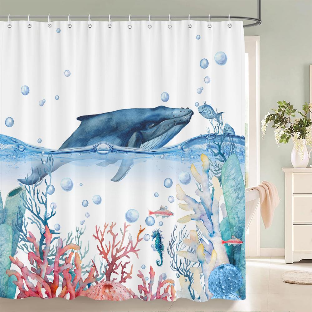 Dolphin Shower Curtain Blue Underwater World Marine Life Polyester Fabric Kids Ocean Theme Bathroom Decor Set With 12 Hooks