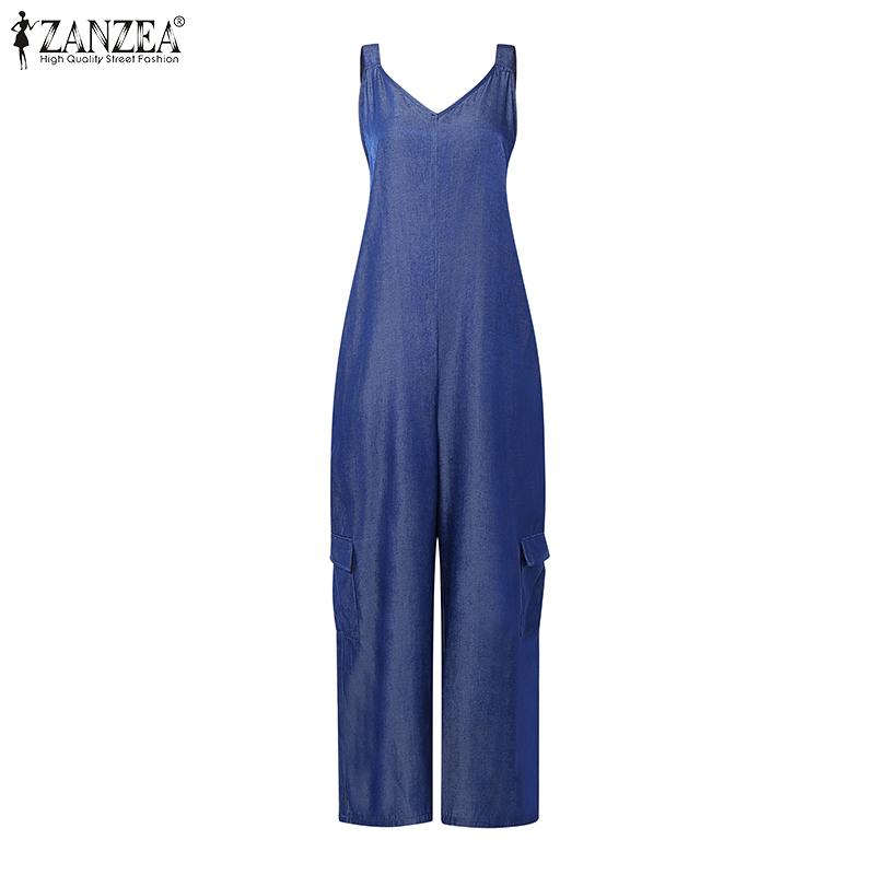 ZANZEA Kobiety Casualowy Dekolt V Lato Bez Rękawów Długie Kombinezony Ogrodniczki