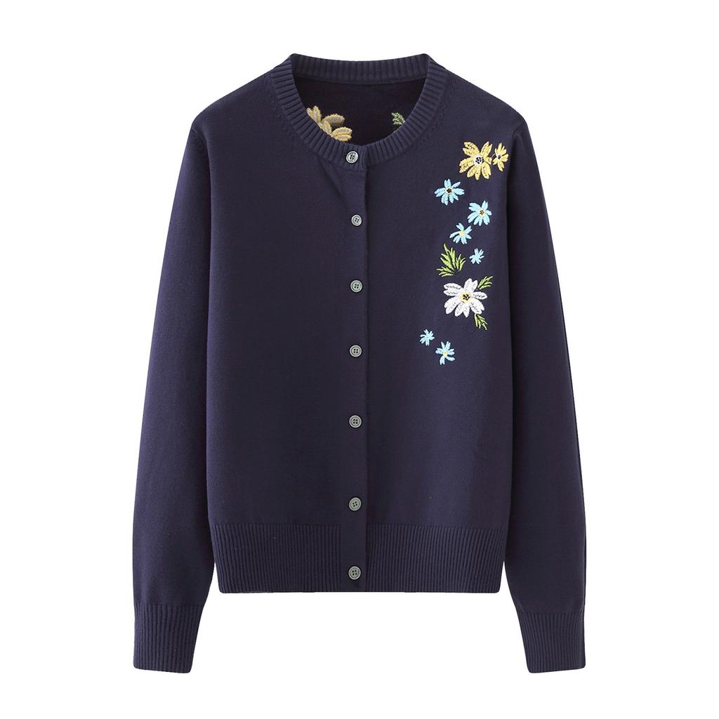 Women's Round Neck Knit Cardigan Long Sleeve Floral Embroidery Single Breasted Loose Soft Lazy Style Elegant Sweater Outerwear