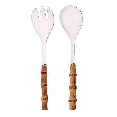 2-teiliges Servierbesteck, Besteck aus 304 Edelstahl, große Gabel und Löffel mit Griff aus natürlichem Bambus, zum Servieren von Salat, Spork, Löffel, Geschirr-Set