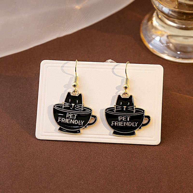Cute Interest Cup Book Kitty Pendant Earrings Fashion Cartoon Enamel Cat Dangle Ear Jewelry Party Gifts For Women Girls