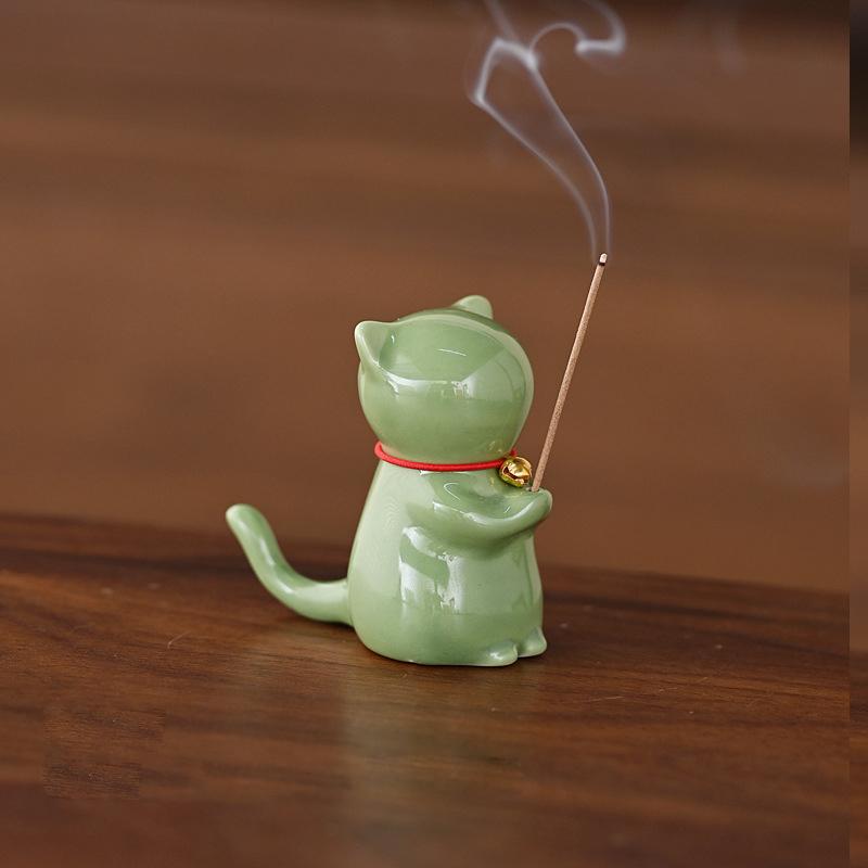 Cute Wishing Cat Ceramic Incense Burner Decoration Indoor Line Incense Holder for Tea Table | Temples Yoga Studios Home Decor