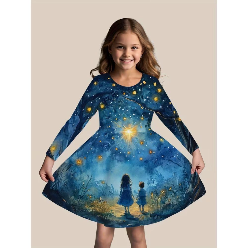 Girls' 3D Purple Galaxy Dress Long Sleeve Summer Spring Vacation Daily Holiday Princess Beautiful Sweet Kids 4-12 Years Casual Dress A Line Dress
