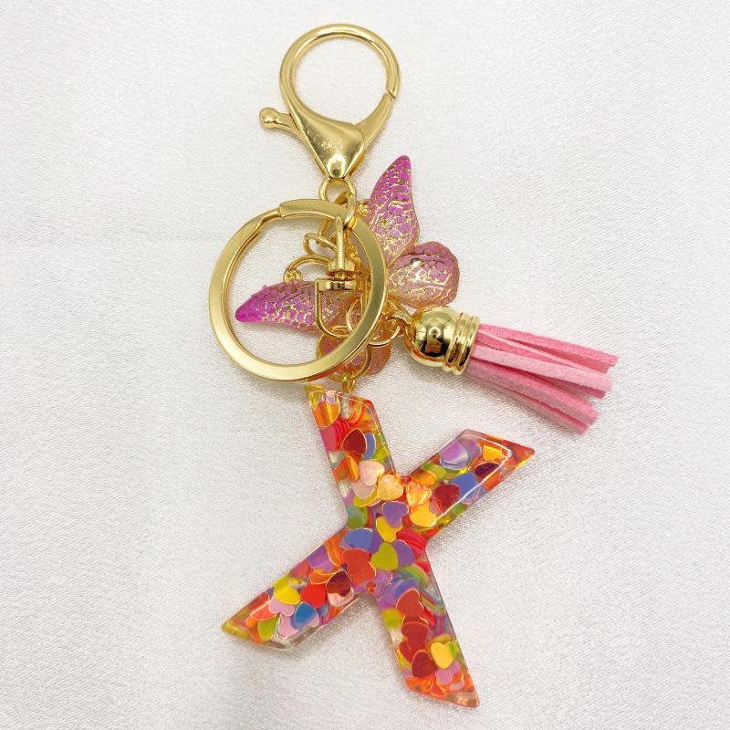 26-Letter Alphabet Resin Keychain with Star Sequins & Tassel Charm