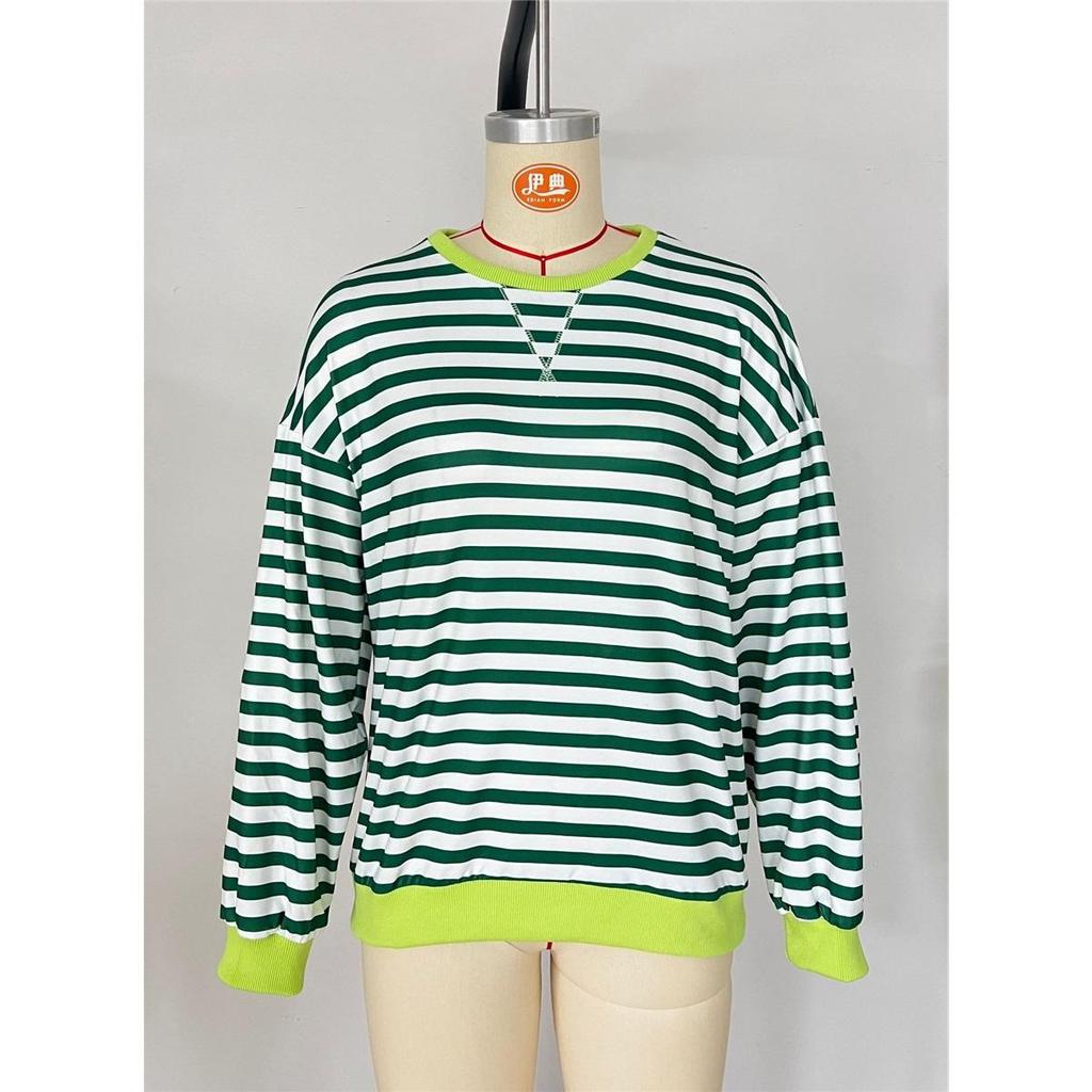 Women's Simple Home Casual Striped Pattern Round Neck Trendy Long-sleeved Pullover Color Block T-shirt