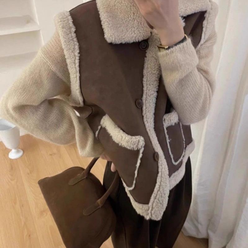 Autumn and winter casual fur integrated thickened sleeveless vest lapel jacket Korean suede lamb wool vest women