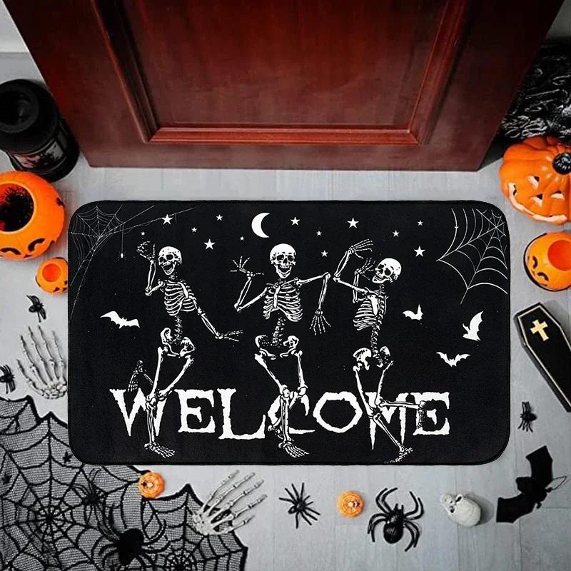 Halloween Skeleton Dancing Mat Soft Crystal Velvet Bath Rug Slip Resistant Entryway Doormat Great for Halloween Home Decor Gifts