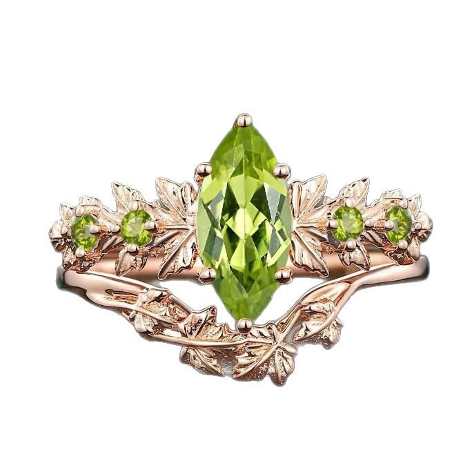 Rose Gold Marquise Flower Ring with Green Zircon - Women's Wedding Jewelry