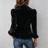 Women's Vintage Corduroy Jacket with Ruffle Trim, Lapel Collar and Single-Breasted Button Front