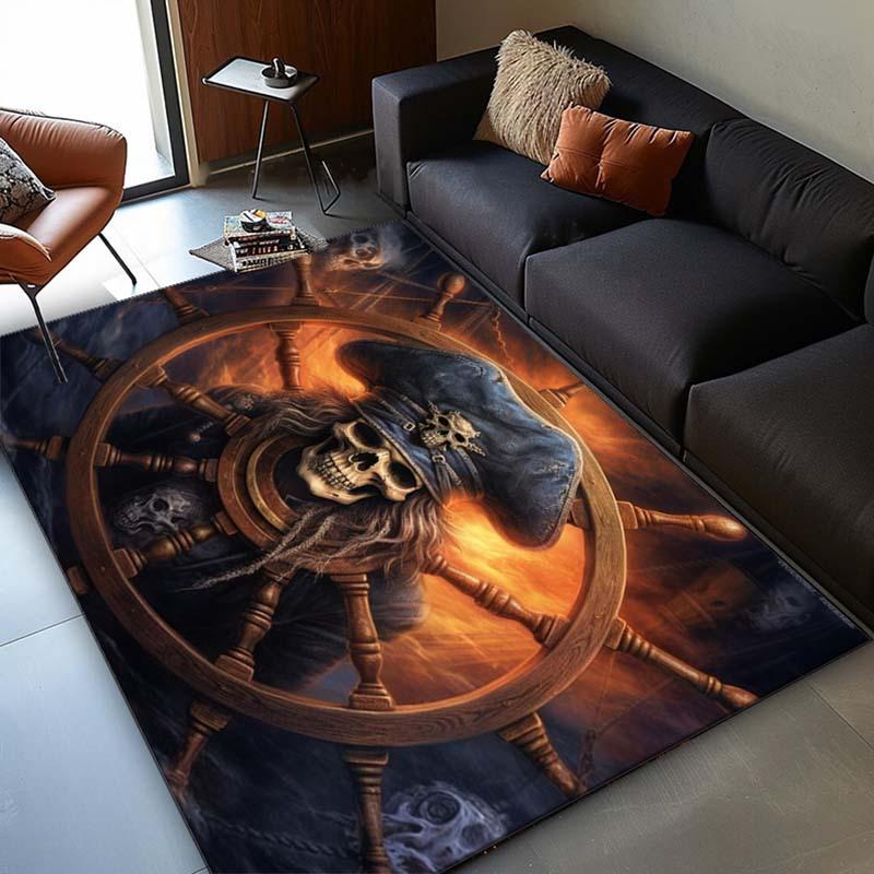 Pirate Skull Steering Wheel Rug for Nautical Themed Rooms - Adventure Decor, Ocean Inspired Flooring Skid resistant carpet